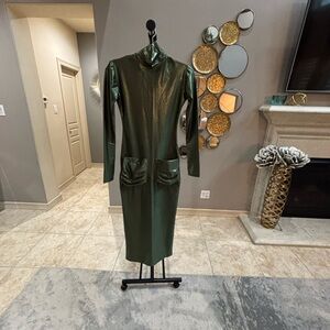 MICHELE LOPEZ OLIVE GREEN MIDI MILAH BODYCON DRESS WITH POCKETS